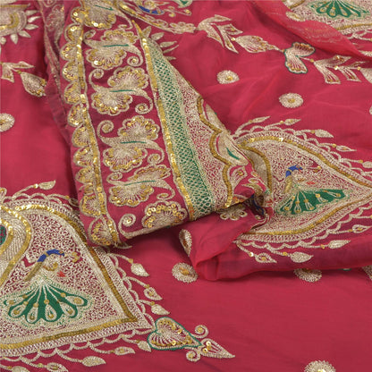 Sanskriti Vintage Pink Georgette Stitch Lehenga Peacock Zari Zardozi Embroidered
