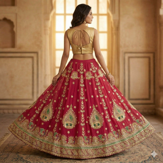 Sanskriti Vintage Pink Georgette Stitch Lehenga Peacock Zari Zardozi Embroidered