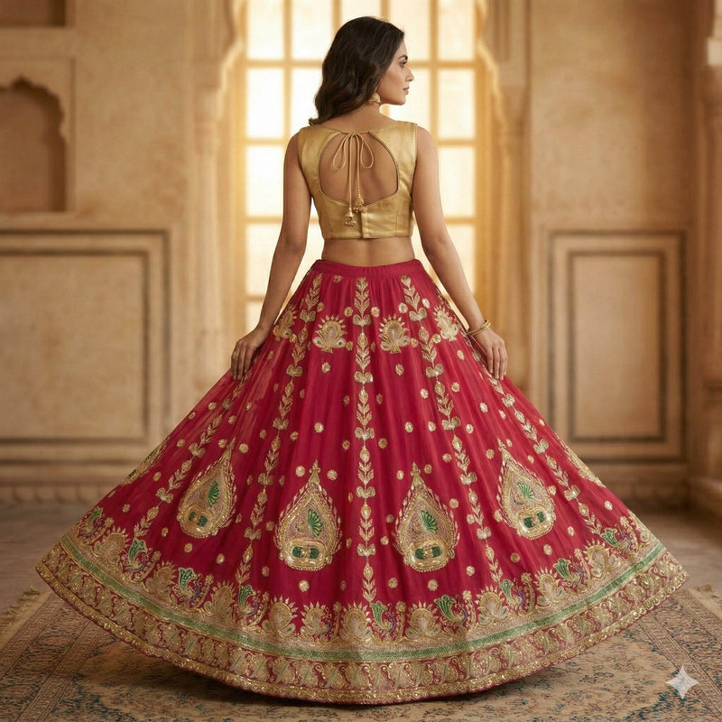 Sanskriti Vintage Pink Georgette Stitch Lehenga Peacock Zari Zardozi Embroidered