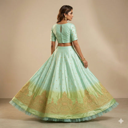 Sanskriti Vintage Blue-Green Art Silk Unstitched Lehenga Hand Embroidery Zardozi
