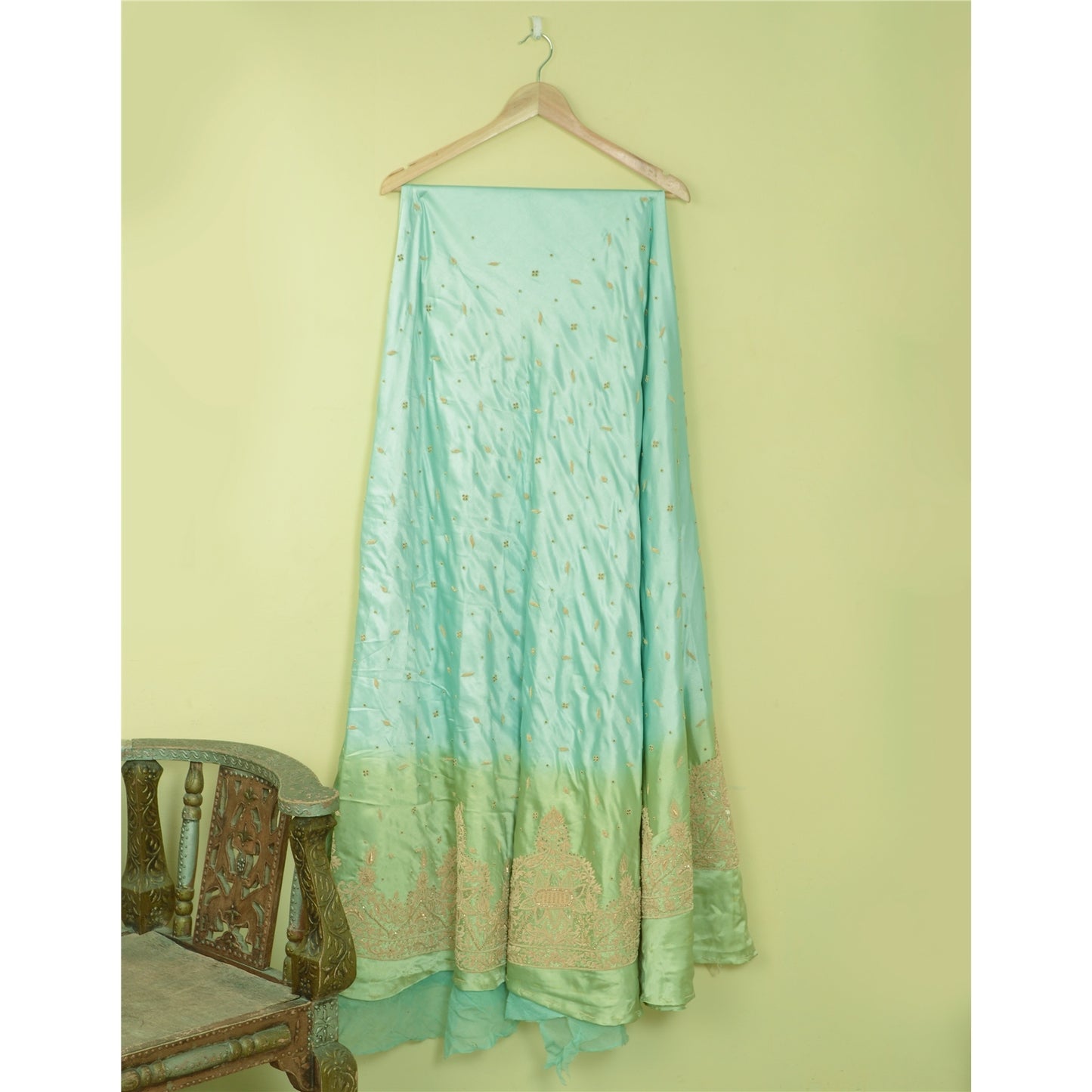 Sanskriti Vintage Blue-Green Art Silk Unstitched Lehenga Hand Embroidery Zardozi