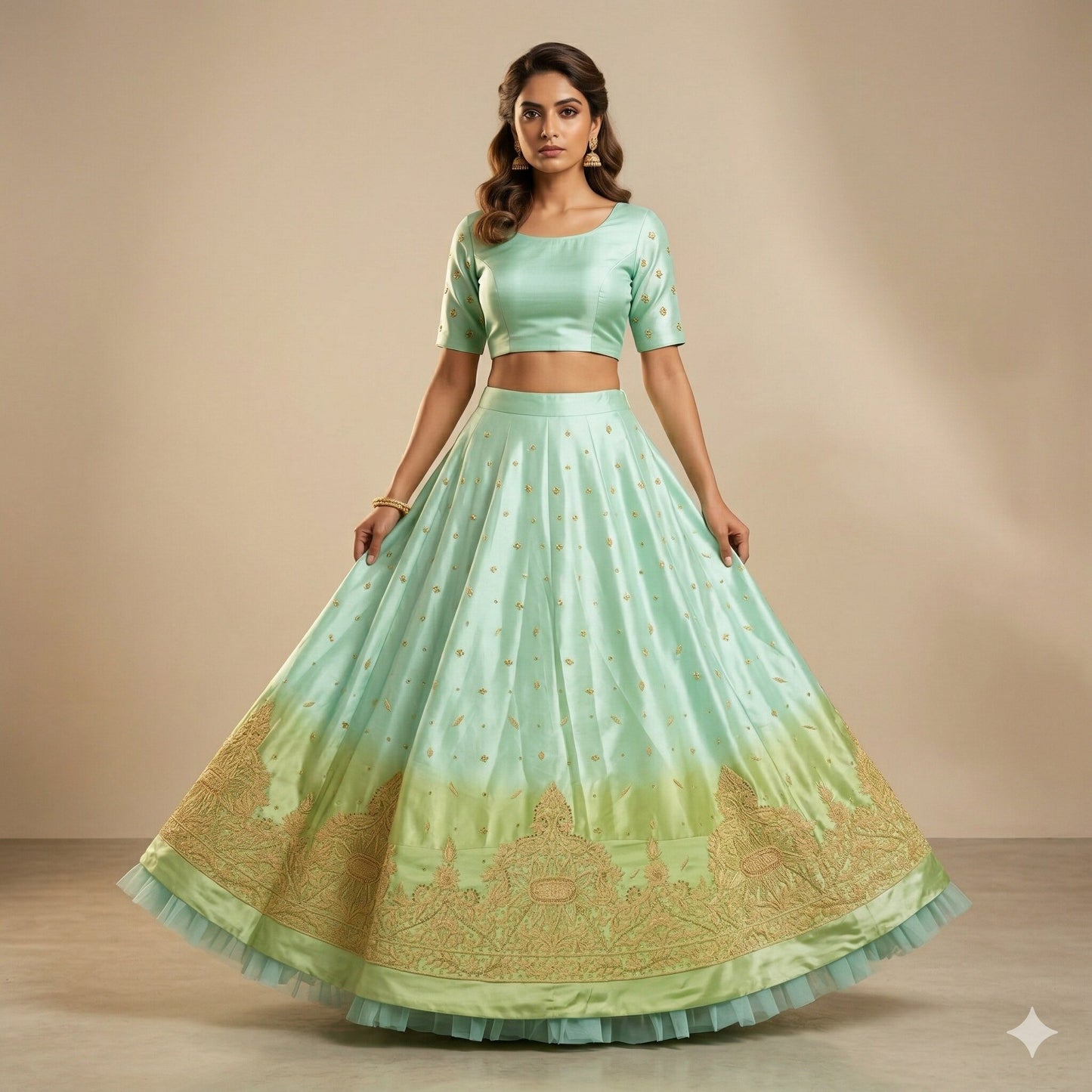 Sanskriti Vintage Blue-Green Art Silk Unstitched Lehenga Hand Embroidery Zardozi