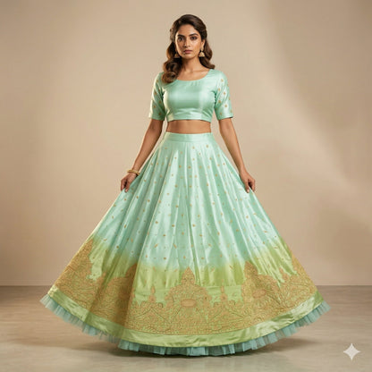 Sanskriti Vintage Blue-Green Art Silk Unstitched Lehenga Hand Embroidery Zardozi