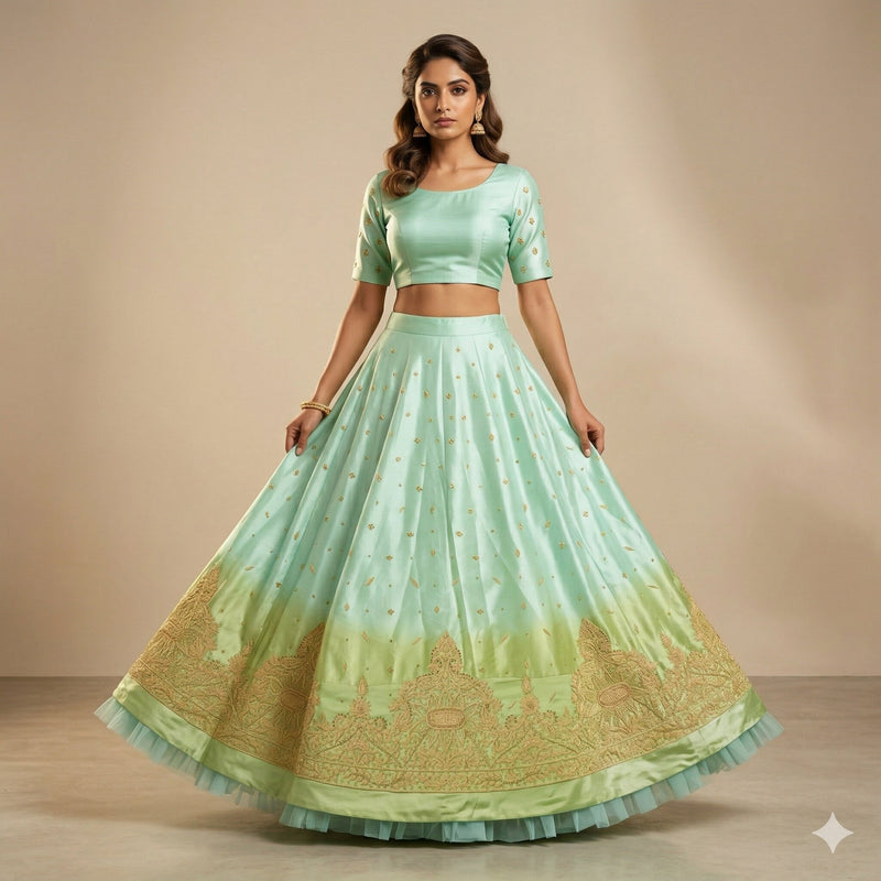 Sanskriti Vintage Blue-Green Art Silk Unstitched Lehenga Hand Embroidery Zardozi