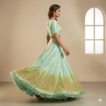 Sanskriti Vintage Blue-Green Art Silk Unstitched Lehenga Hand Embroidery Zardozi