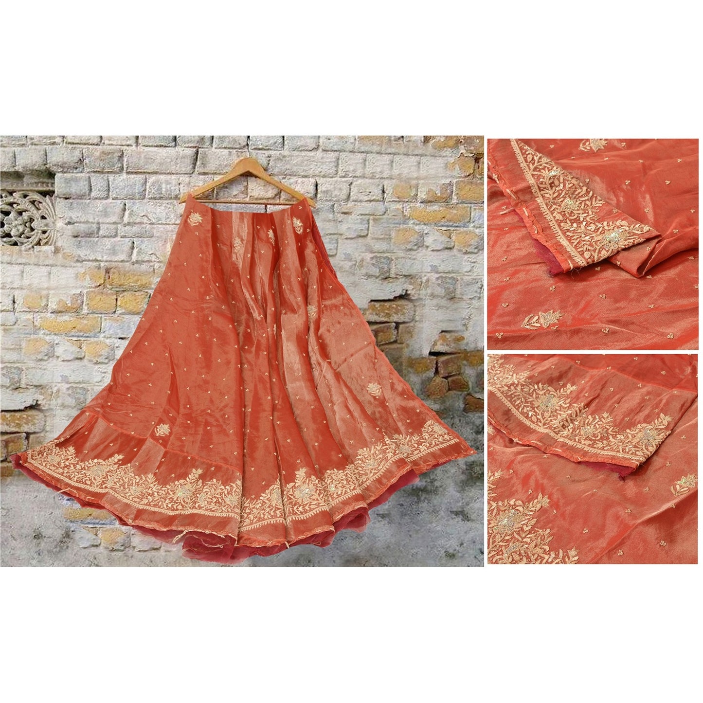 Sanskriti Vintage Red Pure Silk Unstitch Lehenga Hand Embroidery Zardozi Sequins