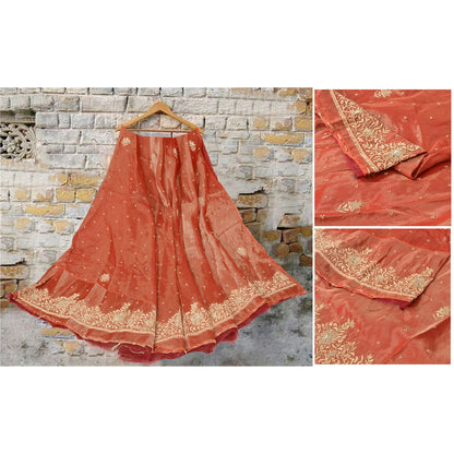 Sanskriti Vintage Red Pure Silk Unstitch Lehenga Hand Embroidery Zardozi Sequins