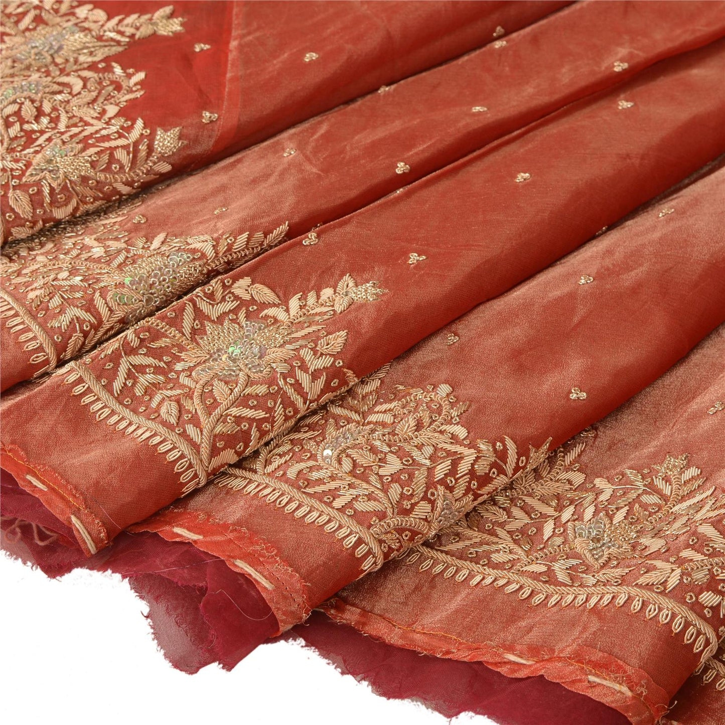 Sanskriti Vintage Red Pure Silk Unstitch Lehenga Hand Embroidery Zardozi Sequins