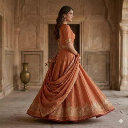 Sanskriti Vintage Red Pure Silk Unstitch Lehenga Hand Embroidery Zardozi Sequins