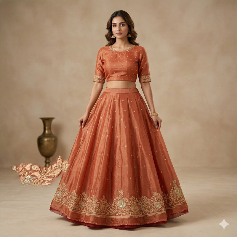 Sanskriti Vintage Red Pure Silk Unstitch Lehenga Hand Embroidery Zardozi Sequins