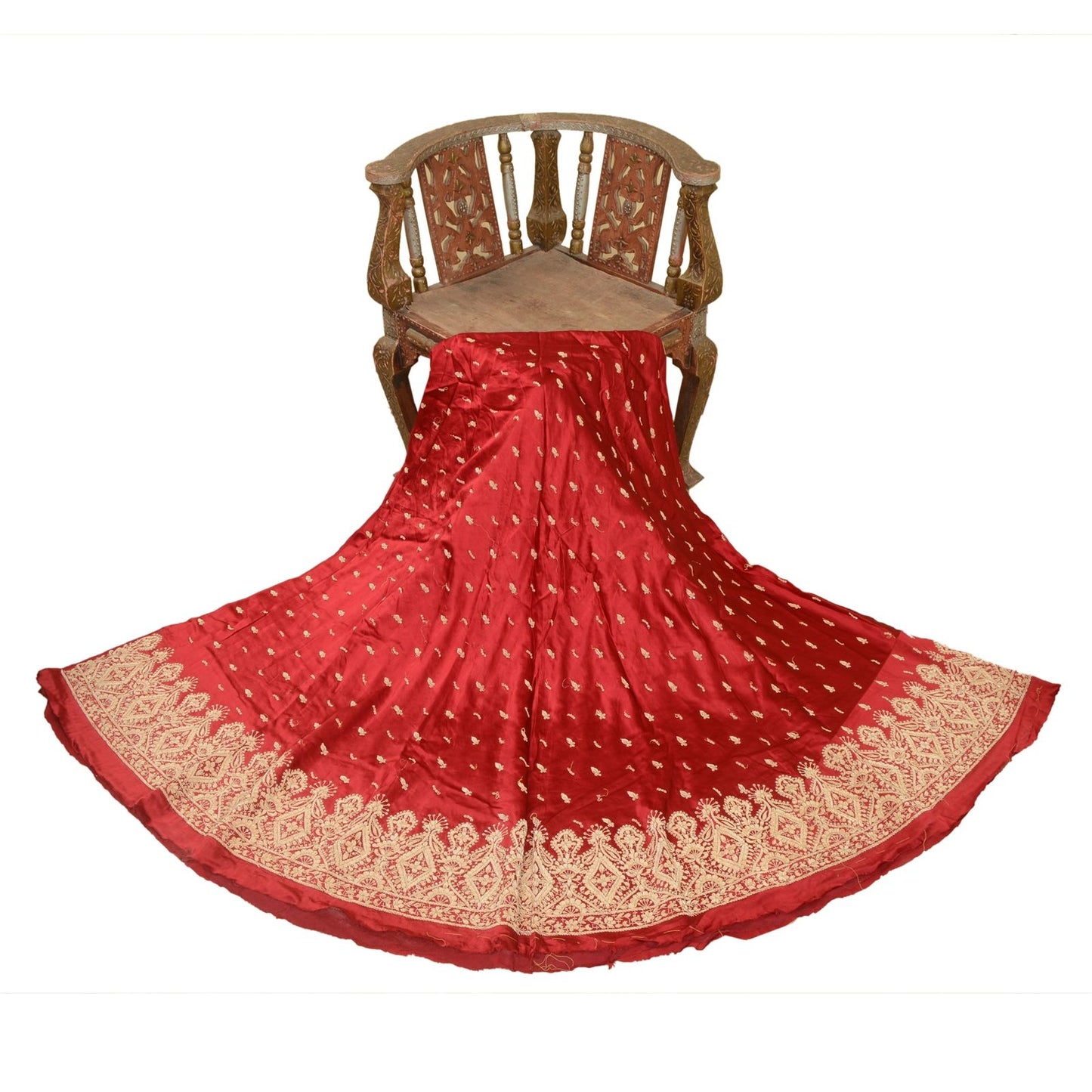 Sanskriti Vintage Red 100% Pure Silk Unstitched Lehenga Hand Embroidered Zardozi