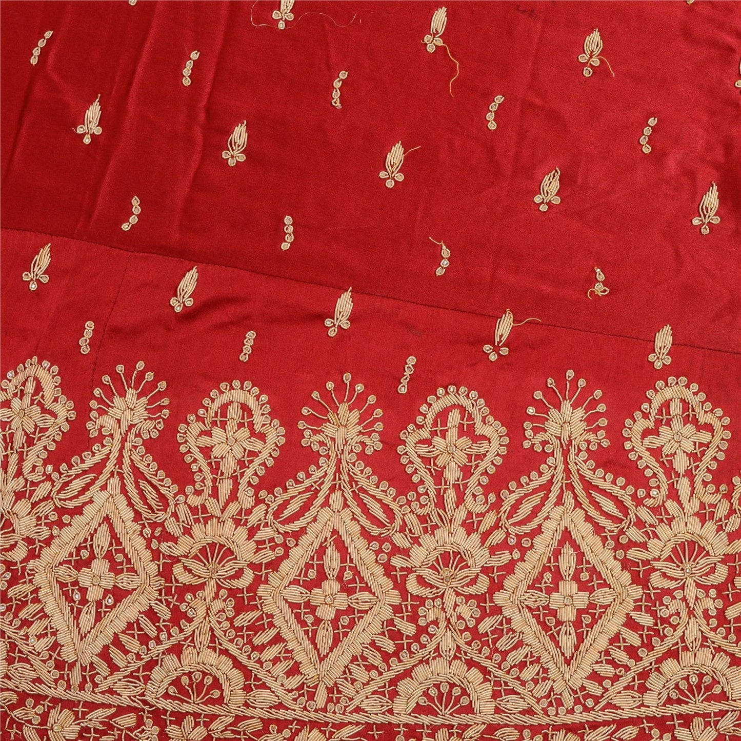 Sanskriti Vintage Red 100% Pure Silk Unstitched Lehenga Hand Embroidered Zardozi
