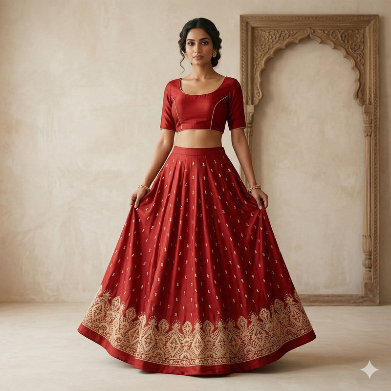 Sanskriti Vintage Red 100% Pure Silk Unstitched Lehenga Hand Embroidered Zardozi