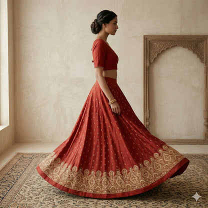 Sanskriti Vintage Red 100% Pure Silk Unstitched Lehenga Hand Embroidered Zardozi
