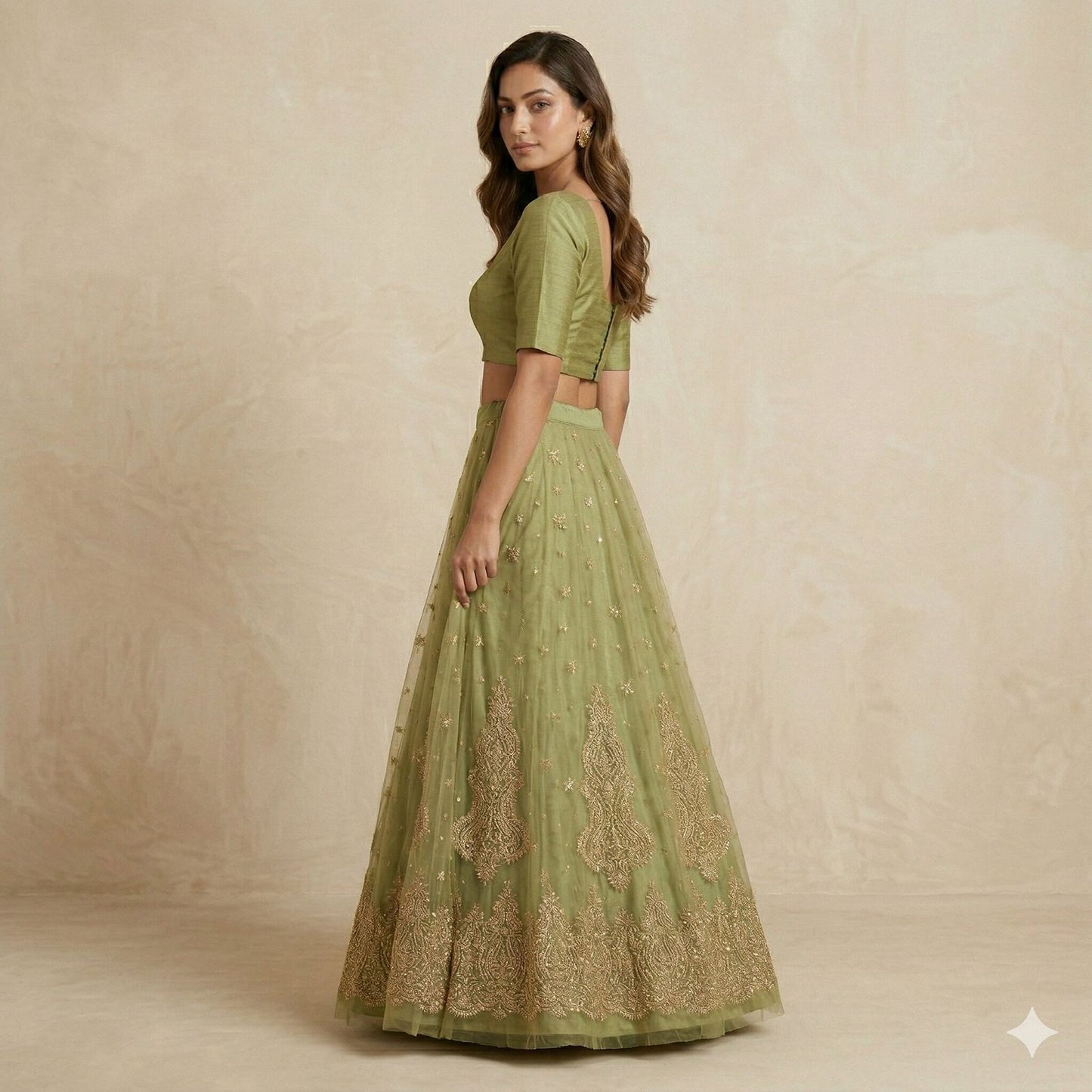 Sanskriti Vintage Green Net Mesh Unstitched Lehenga Hand Embroidery Zardozi Zari