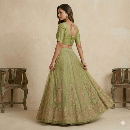 Sanskriti Vintage Green Net Mesh Unstitched Lehenga Hand Embroidery Zardozi Zari
