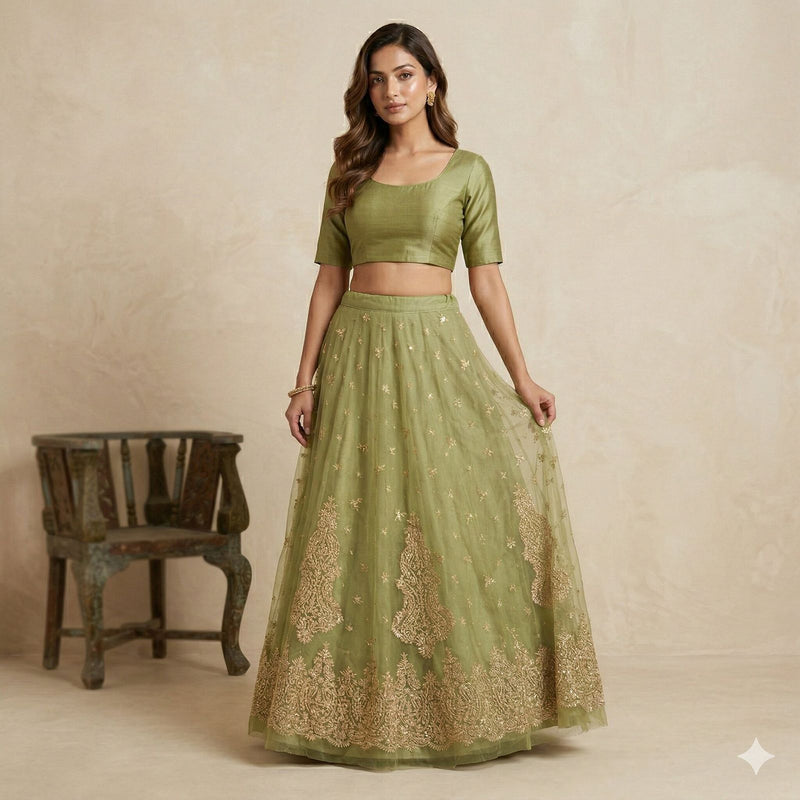 Sanskriti Vintage Green Net Mesh Unstitched Lehenga Hand Embroidery Zardozi Zari