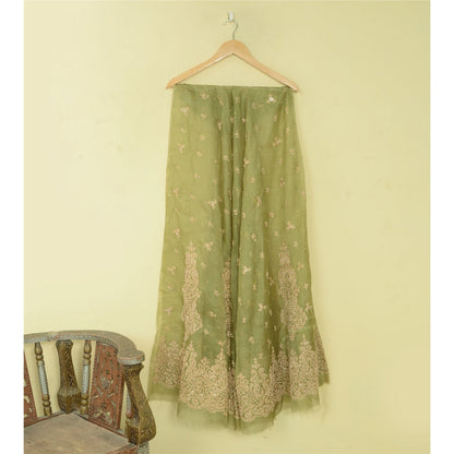 Sanskriti Vintage Green Net Mesh Unstitched Lehenga Hand Embroidery Zardozi Zari