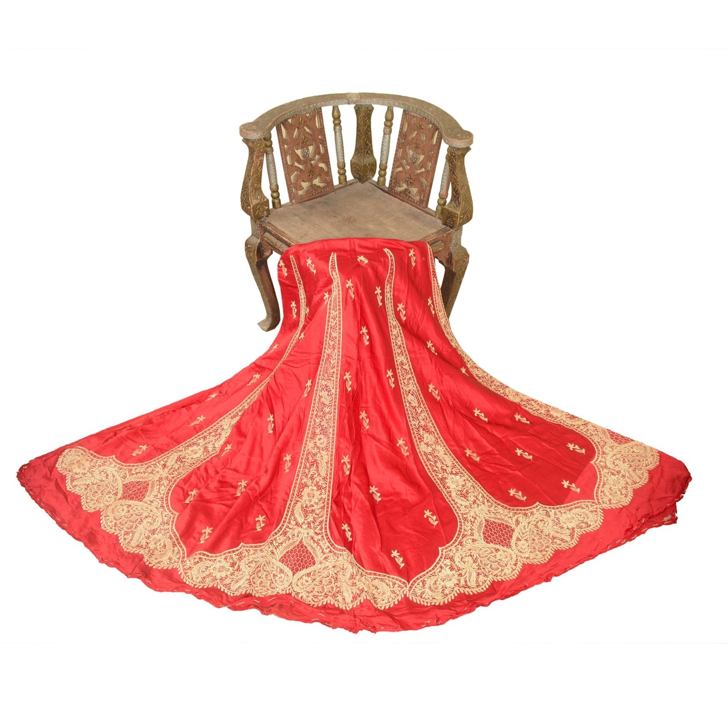 Sanskriti Vintage Red Pure Silk Unstitched Lehenga Hand Embroidery Antiq Zardozi