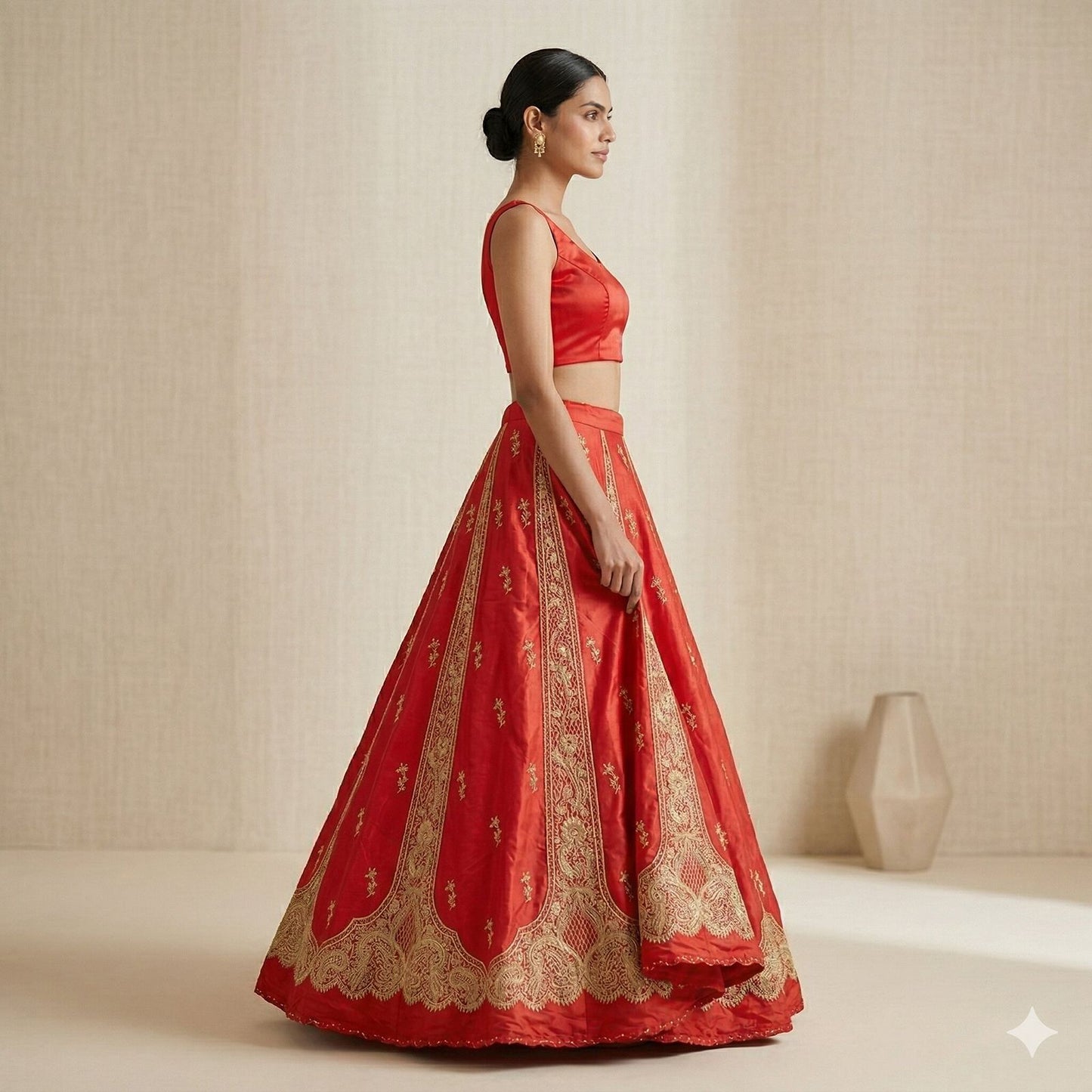 Sanskriti Vintage Red Pure Silk Unstitched Lehenga Hand Embroidery Antiq Zardozi