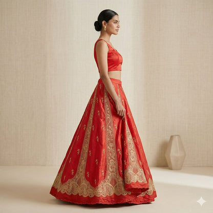 Sanskriti Vintage Red Pure Silk Unstitched Lehenga Hand Embroidery Antiq Zardozi