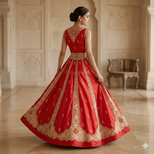 Sanskriti Vintage Red Pure Silk Unstitched Lehenga Hand Embroidery Antiq Zardozi