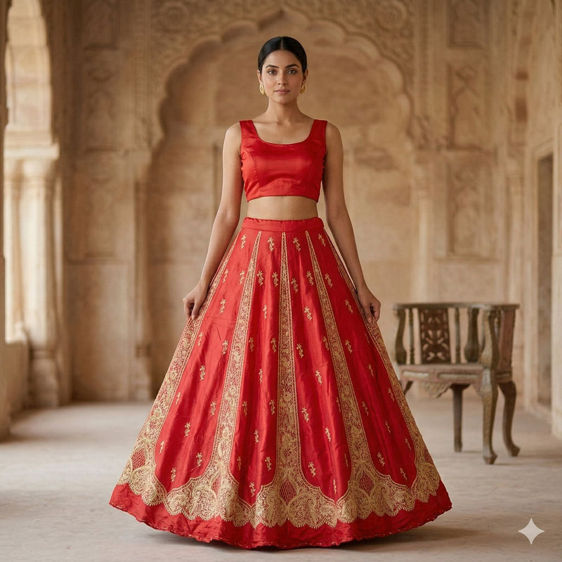 Sanskriti Vintage Red Pure Silk Unstitched Lehenga Hand Embroidery Antiq Zardozi