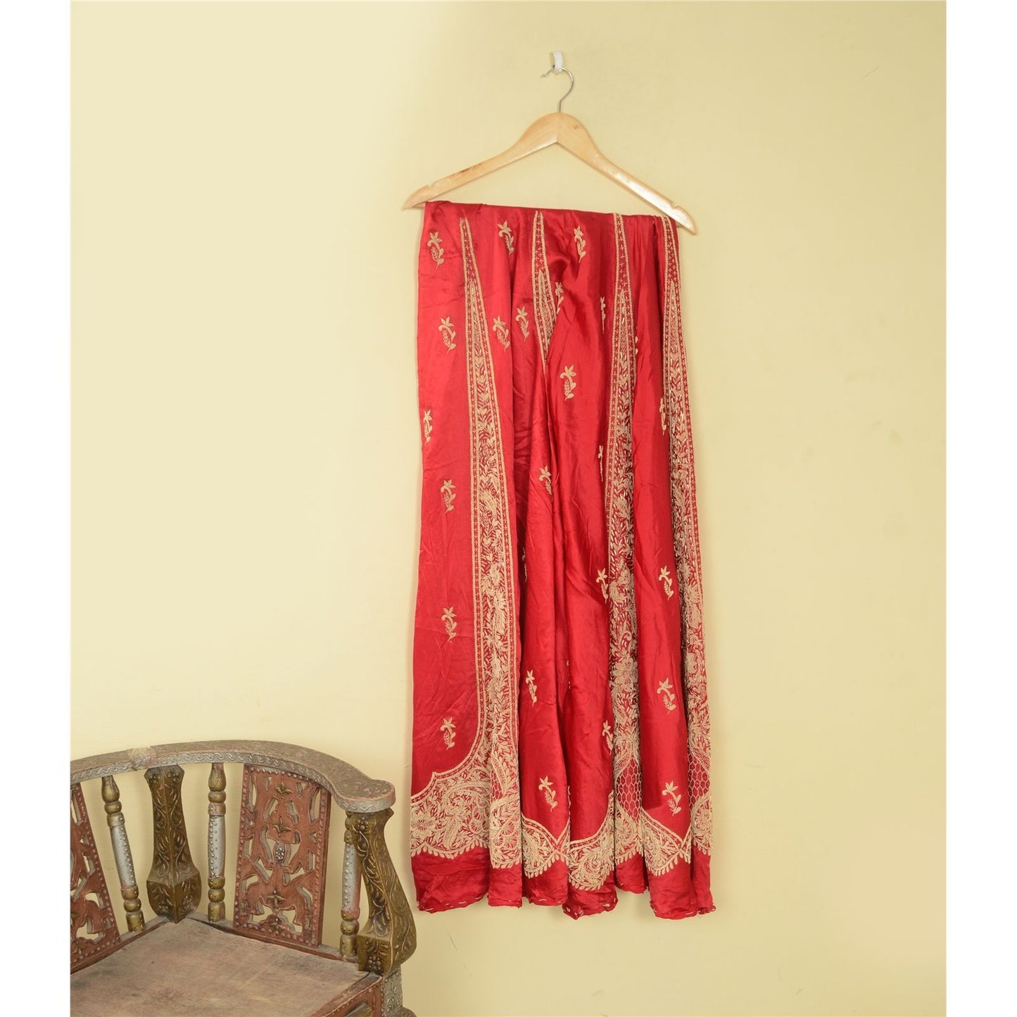 Sanskriti Vintage Red Pure Silk Unstitched Lehenga Hand Embroidery Antiq Zardozi