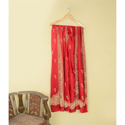 Sanskriti Vintage Red Pure Silk Unstitched Lehenga Hand Embroidery Antiq Zardozi