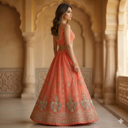 Sanskriti Vintage Peach Georgette Stitched Lehenga Hand Embroidery Zardozi