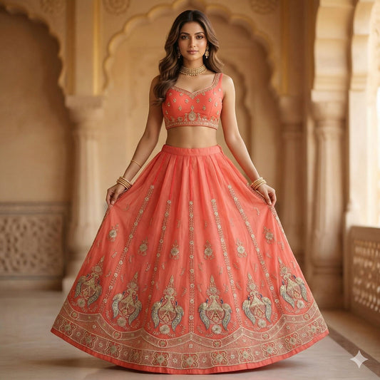 Sanskriti Vintage Peach Georgette Stitched Lehenga Hand Embroidery Zardozi