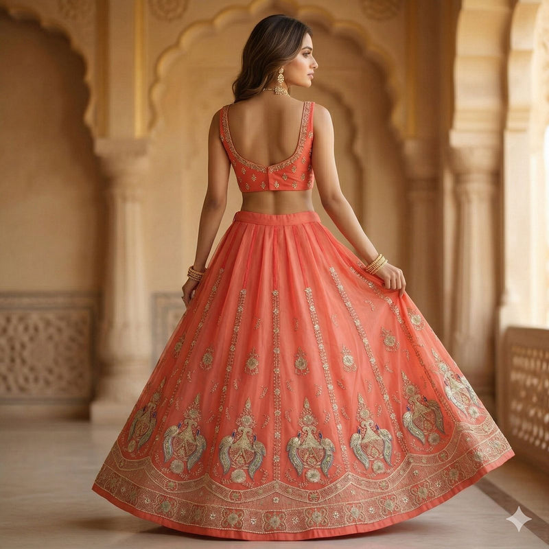 Sanskriti Vintage Peach Georgette Stitched Lehenga Hand Embroidery Zardozi