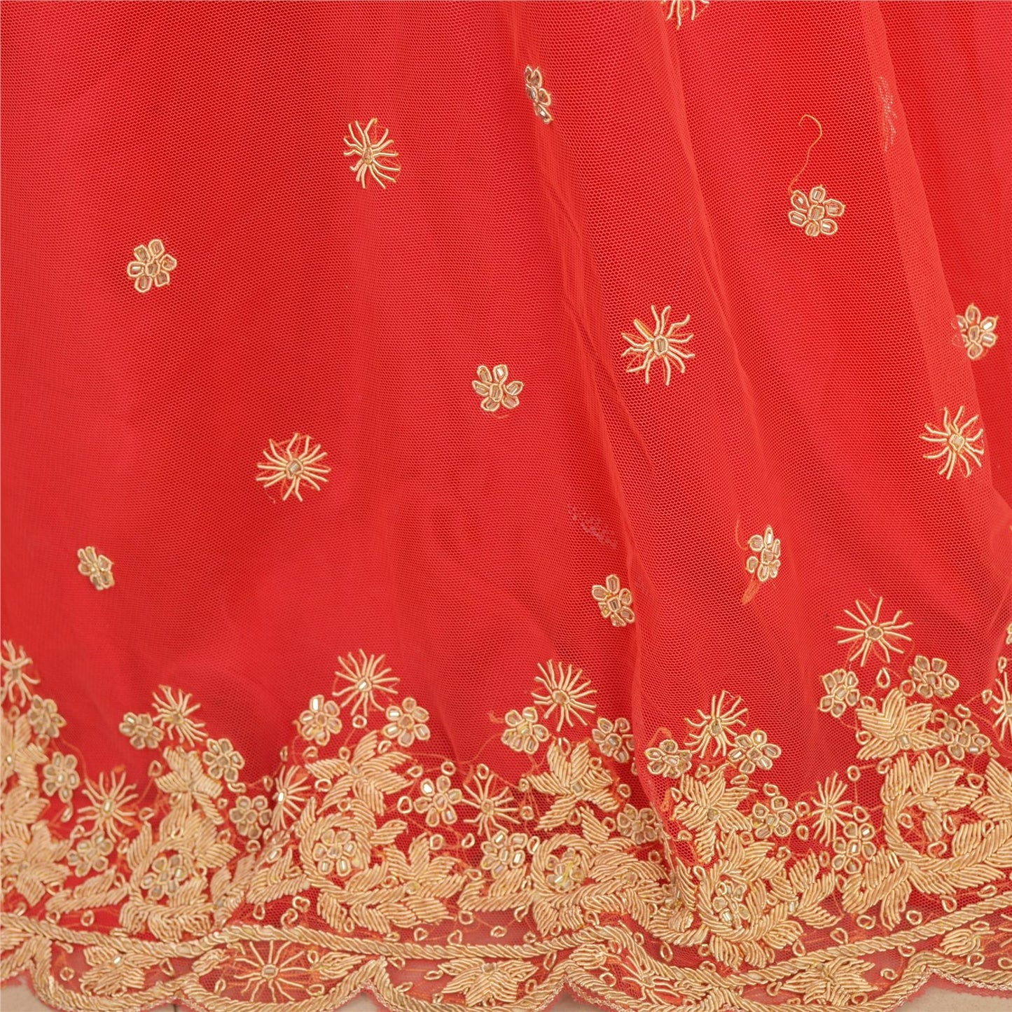 Sanskriti Vintage Red Net Stitched Lehenga Antique Hand Embroidery Zardozi Work