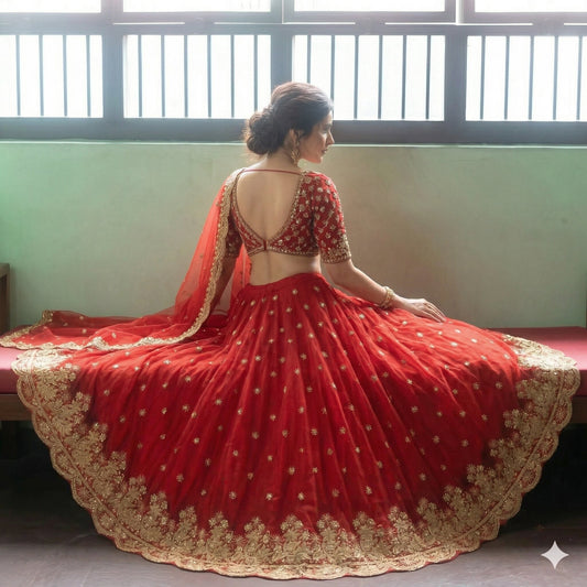Sanskriti Vintage Red Net Stitched Lehenga Antique Hand Embroidery Zardozi Work