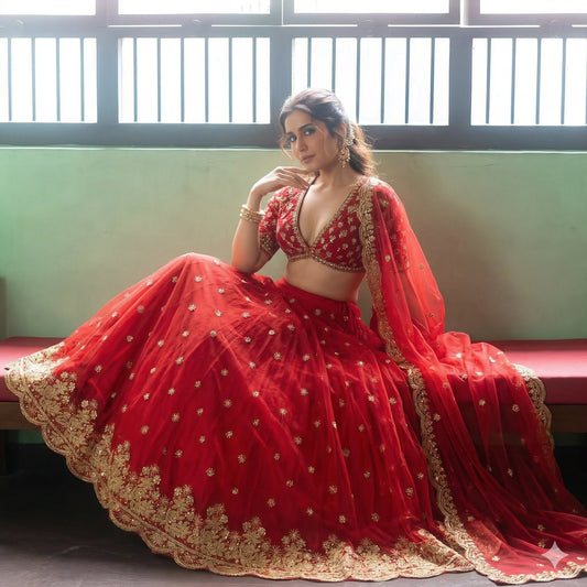 Sanskriti Vintage Red Net Stitched Lehenga Antique Hand Embroidery Zardozi Work
