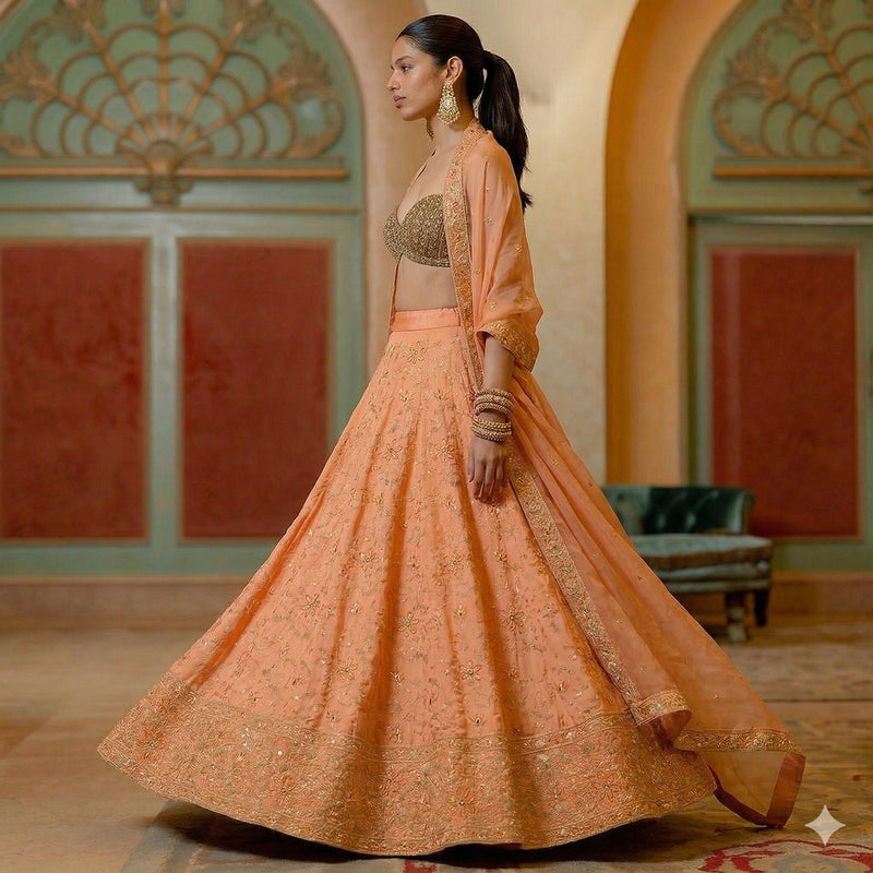 Sanskriti Vintage Peach Pure Silk Unstitched Lehenga Hand Embroidered Zardozi