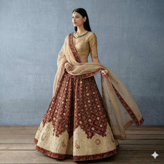 Sanskriti Vintage Red Pure Cotton Unstitch Lehenga Hand Made Bandhani Gharchola