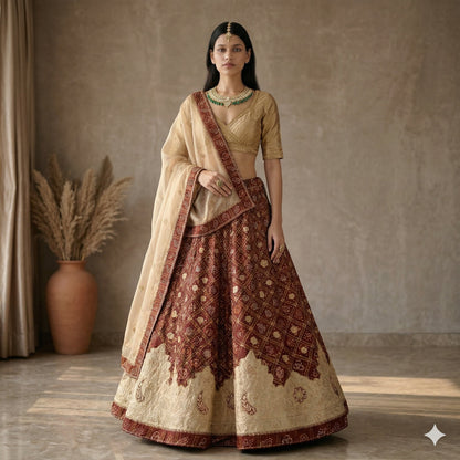 Sanskriti Vintage Red Pure Cotton Unstitch Lehenga Hand Made Bandhani Gharchola