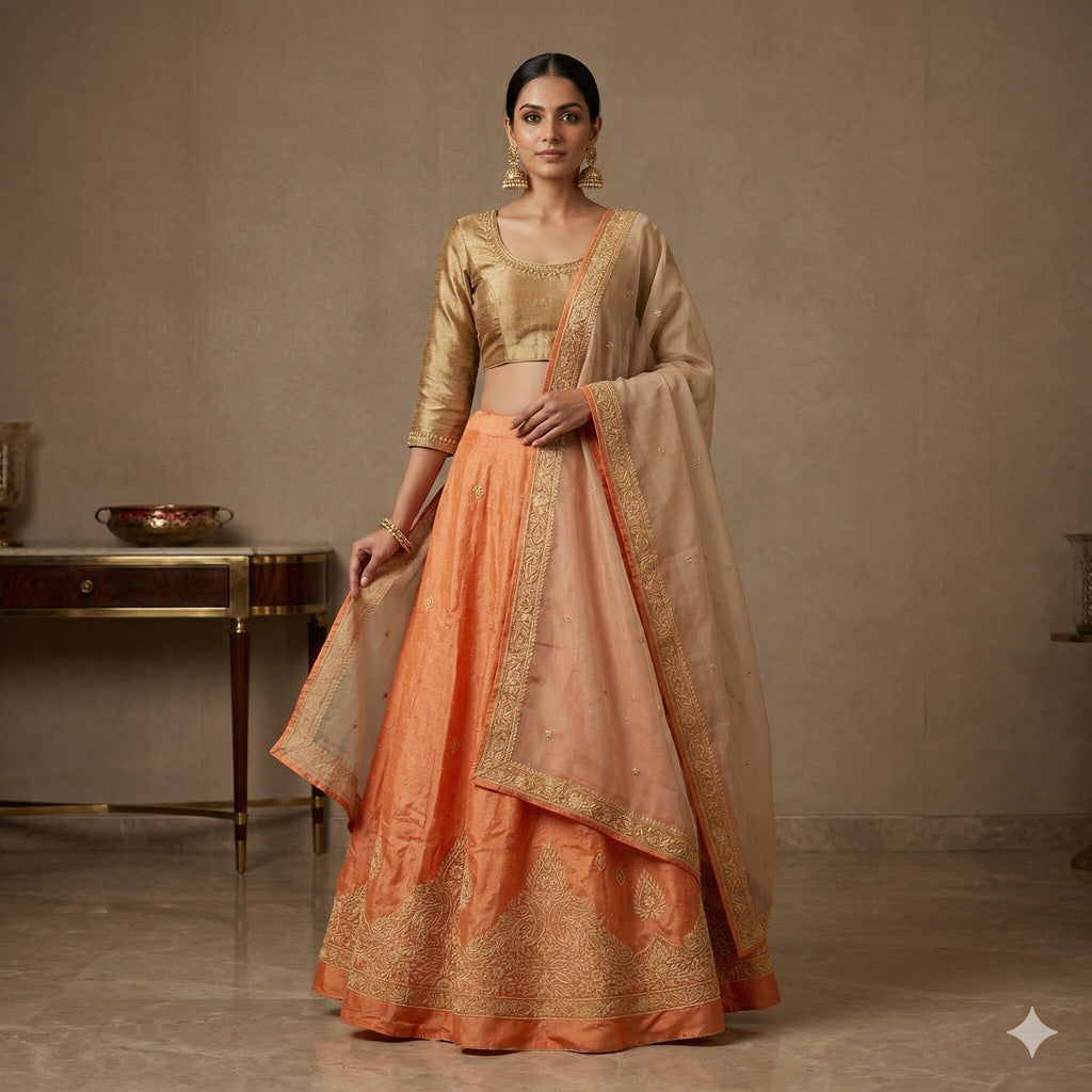 Sanskriti Vintage Peach Pure Silk Unstitched Lehenga Hand Embroidered Zardozi