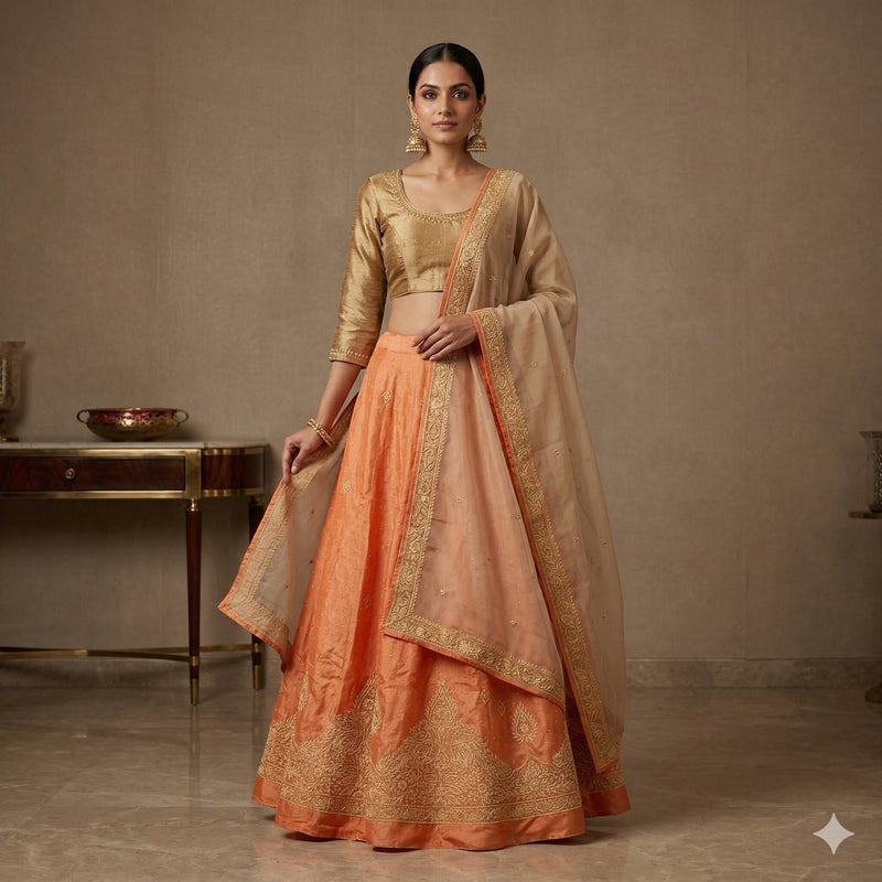 Sanskriti Vintage Peach Pure Silk Unstitched Lehenga Hand Embroidered Zardozi