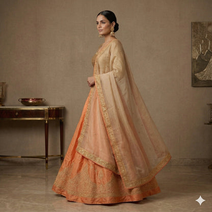 Sanskriti Vintage Peach Pure Silk Unstitched Lehenga Hand Embroidered Zardozi