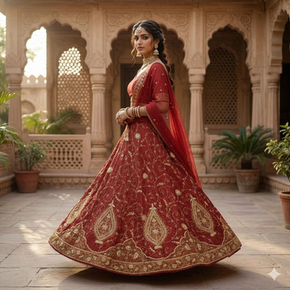 Sanskriti Vintage Red Pure Silk Stitched Lehenga Hand Embroidered Zardozi Dabka