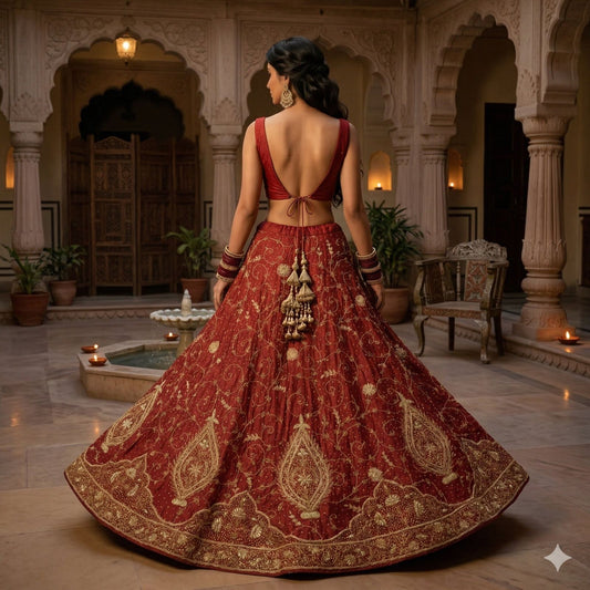 Sanskriti Vintage Red Pure Silk Stitched Lehenga Hand Embroidered Zardozi Dabka