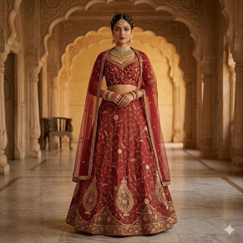 Sanskriti Vintage Red Pure Silk Stitched Lehenga Hand Embroidered Zardozi Dabka