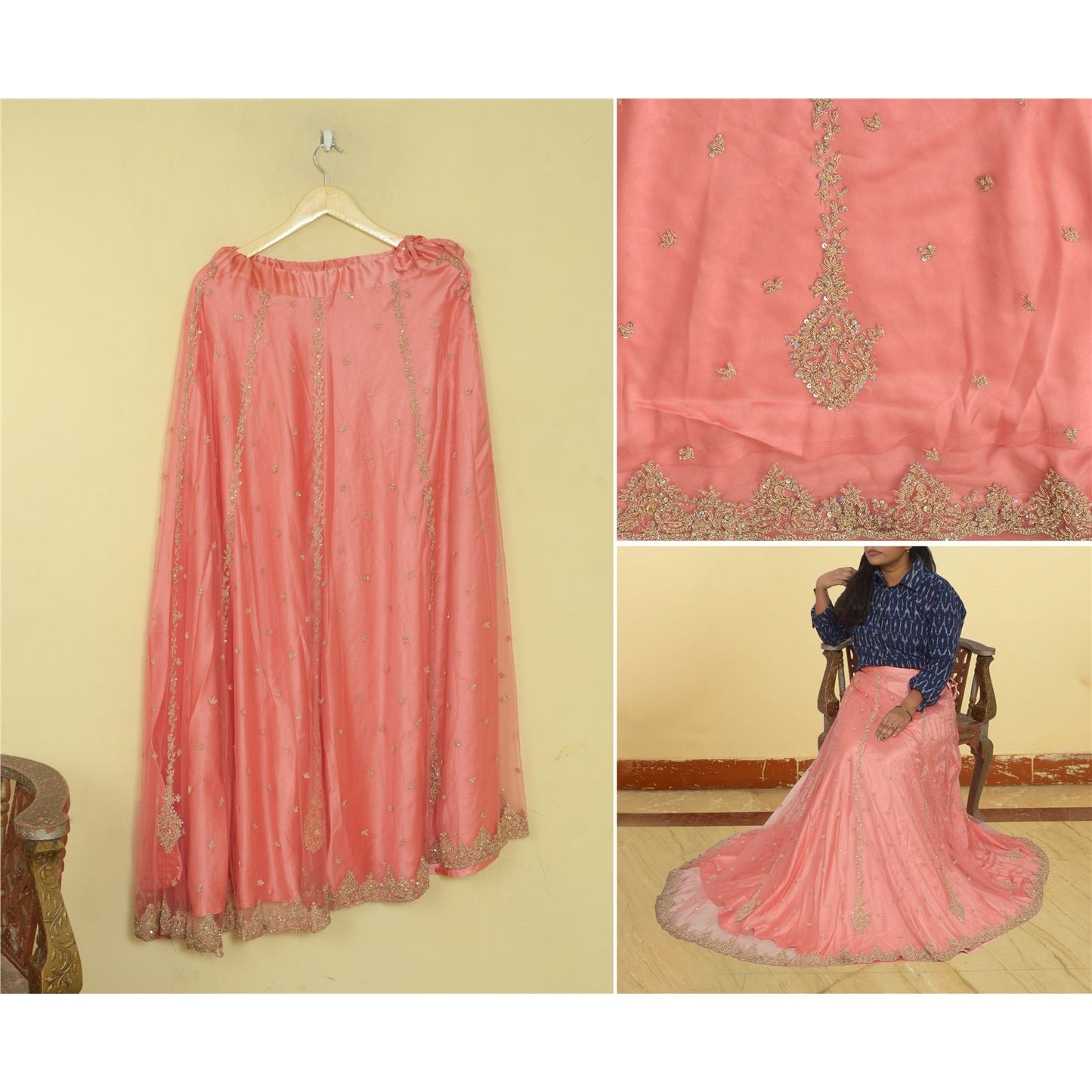 Sanskriti Vintage Peach Net Stitched Lehenga Hand Embroidery Zardozi Sequin Zari