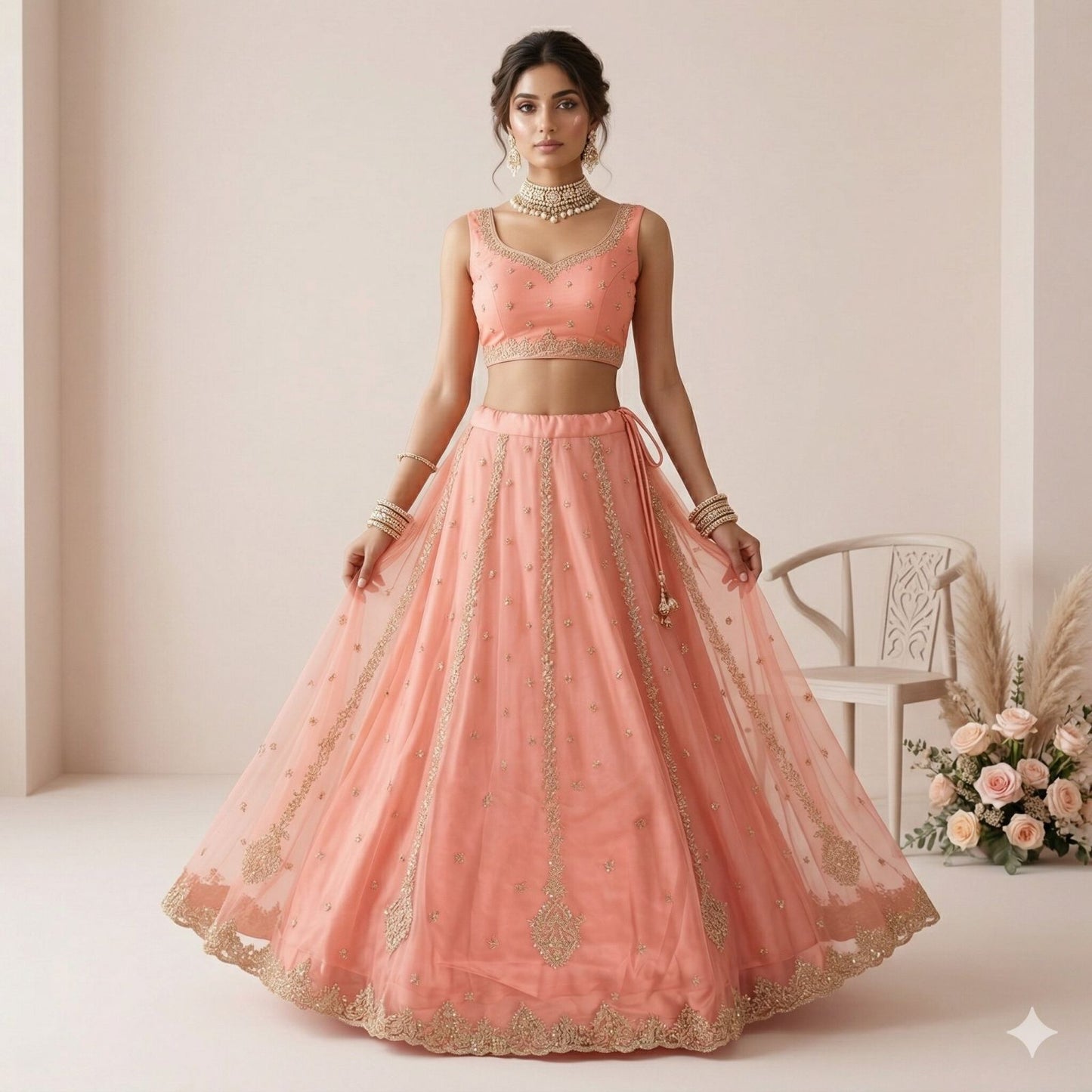 Sanskriti Vintage Peach Net Stitched Lehenga Hand Embroidery Zardozi Sequin Zari