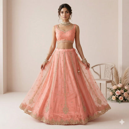 Sanskriti Vintage Peach Net Stitched Lehenga Hand Embroidery Zardozi Sequin Zari