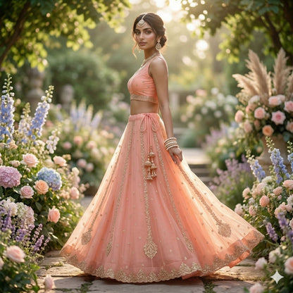 Sanskriti Vintage Peach Net Stitched Lehenga Hand Embroidery Zardozi Sequin Zari