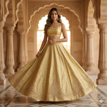 Sanskriti Vintage Cream Art Silk Unstitched Lehenga Hand Embroidery Zardozi Bead