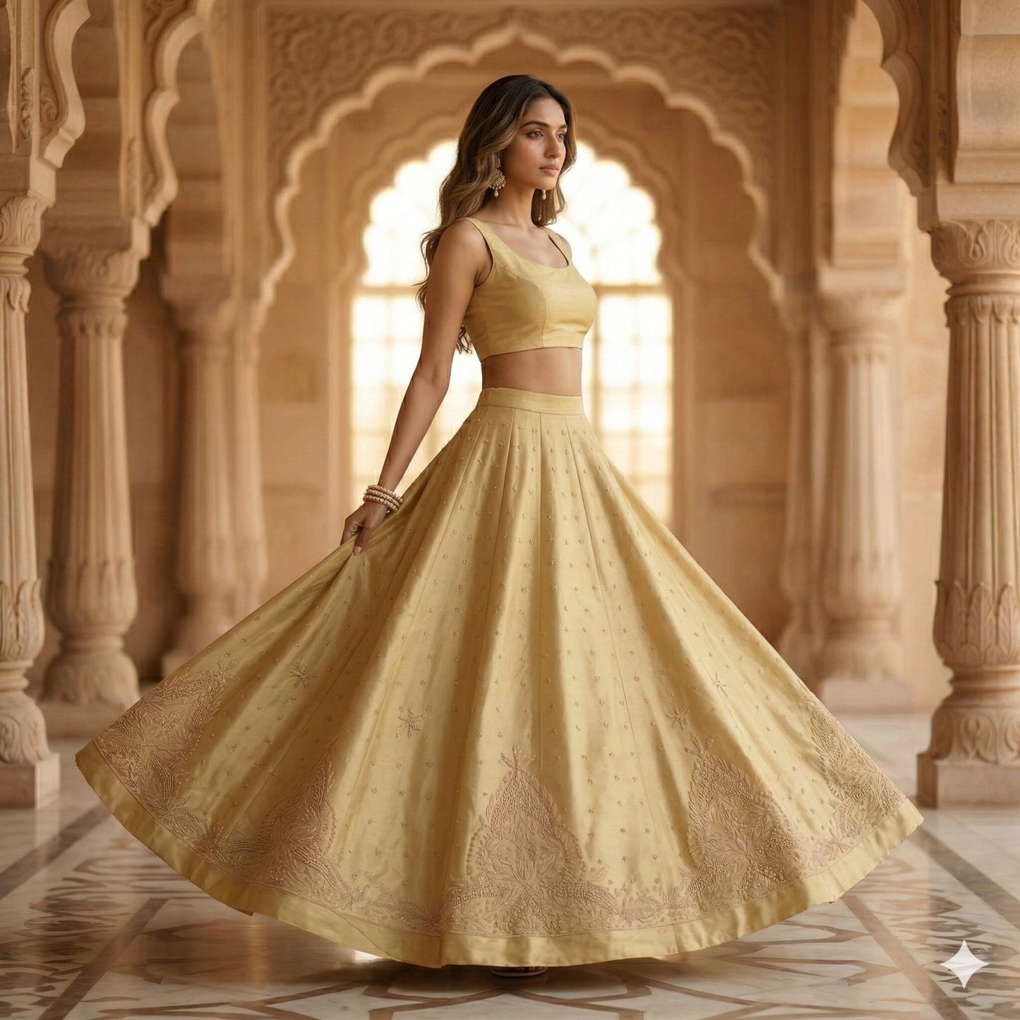 Sanskriti Vintage Cream Art Silk Unstitched Lehenga Hand Embroidery Zardozi Bead